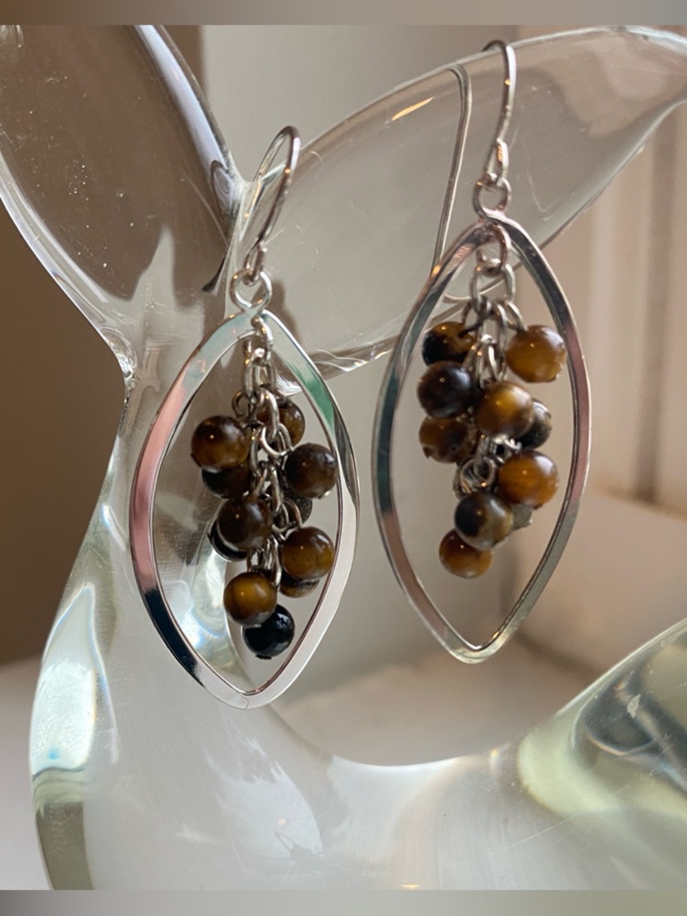 Tiger Eye Bead Dangle Earrings - Silver Frame